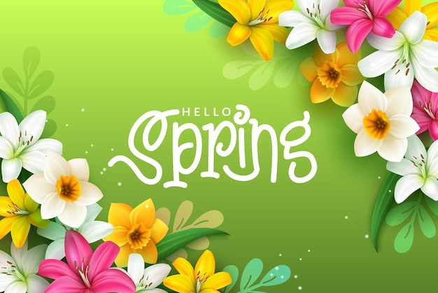 Design de fundo vetorial de saudação de primavera olá texto de tipografia de primavera com folhagem de flores