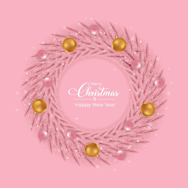Design de grinalda rosa de Natal com bolas de luz de decoração rosa e dourada. Design de grinalda feminino rosa