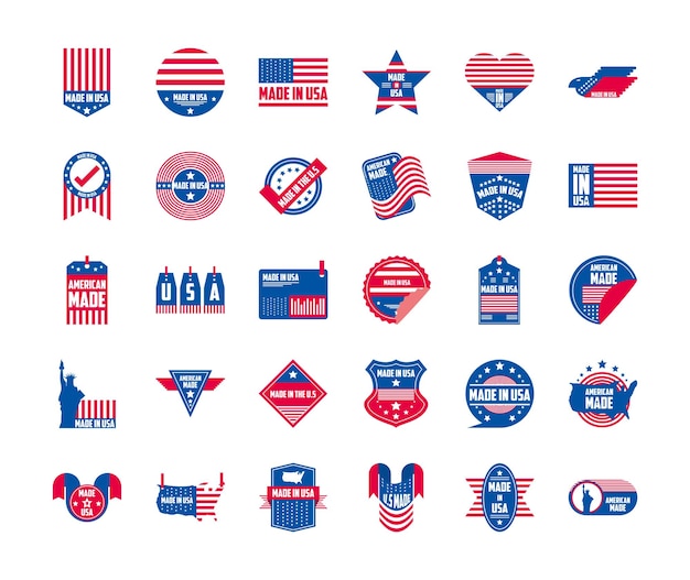 Design de grupo de ícones de banners e rótulos made in usa, negócios de qualidade americana e tema nacional