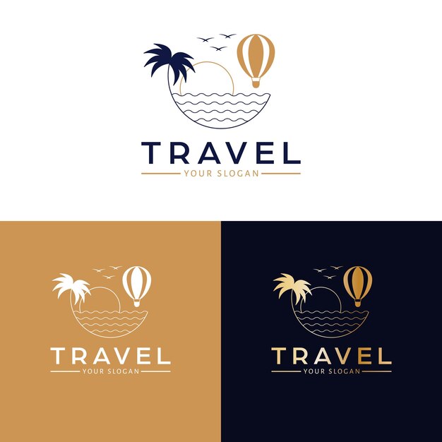 Design de ícone vetorial de viagem ondas de balão de ar quente e logotipo de palma modelo de logotipo tropical