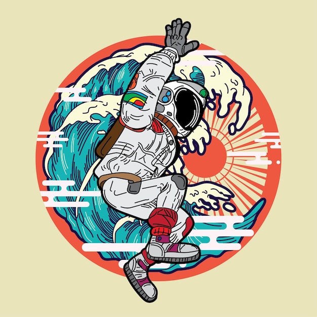 Design de ilustração astronauta com fundo de estilo japonês, logotipo, rótulos