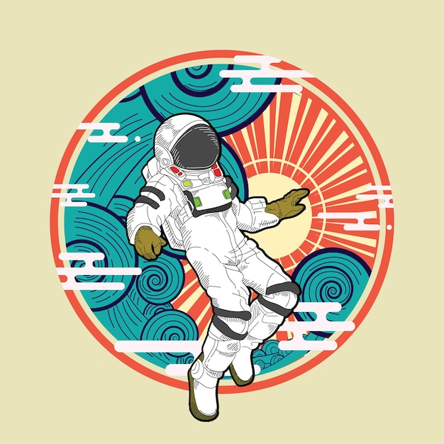 Design de ilustração astronauta com fundo retrô estilo japonês