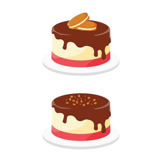 Vetor design de ilustração de bolo de pudim com sabor de morango e baunilha e cobertura de chocolate