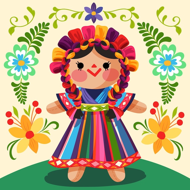 Vetor design de ilustração de boneca mexicana desenhada à mão