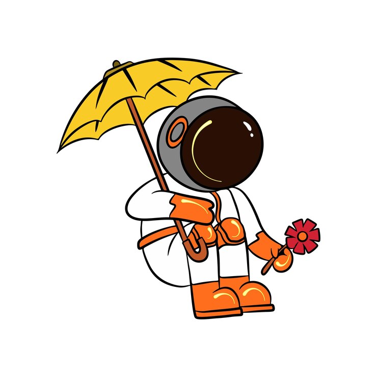 Vetor design de ilustração de desenho animado de astronauta fofo usando guarda-chuva