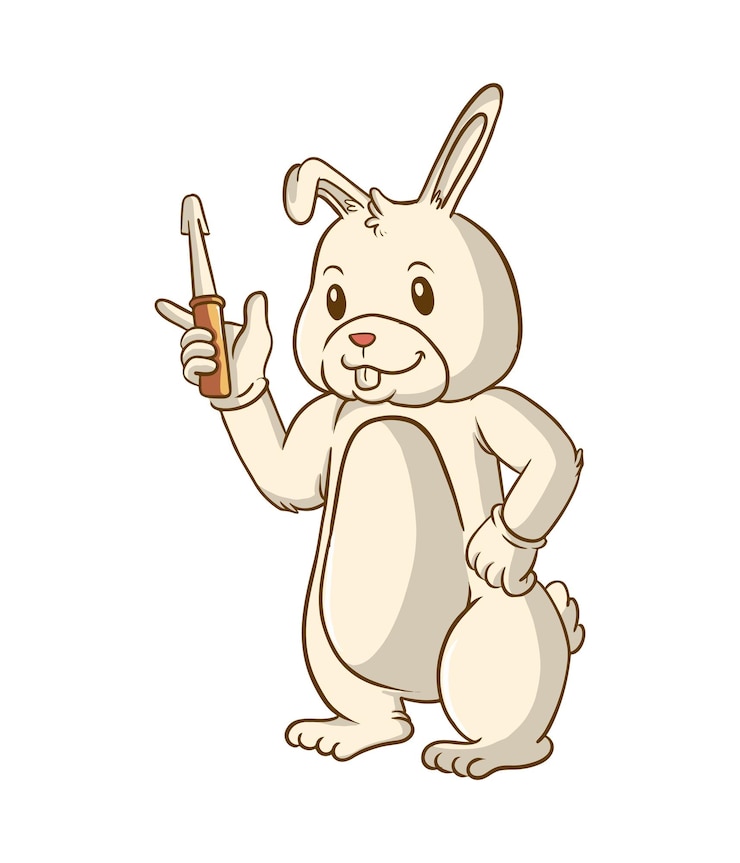 Vetor design de ilustração de desenho animado de coelho fofo carregando uma chave de fenda
