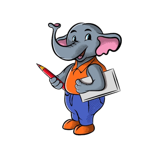 Design de ilustração de desenho animado de elefante fofo segurando lápis e livro de desenho