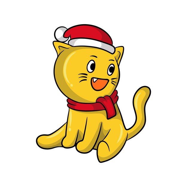 Design de ilustração de desenho animado de gato fofo feliz celebrando o natal usando chapéu de papai noel