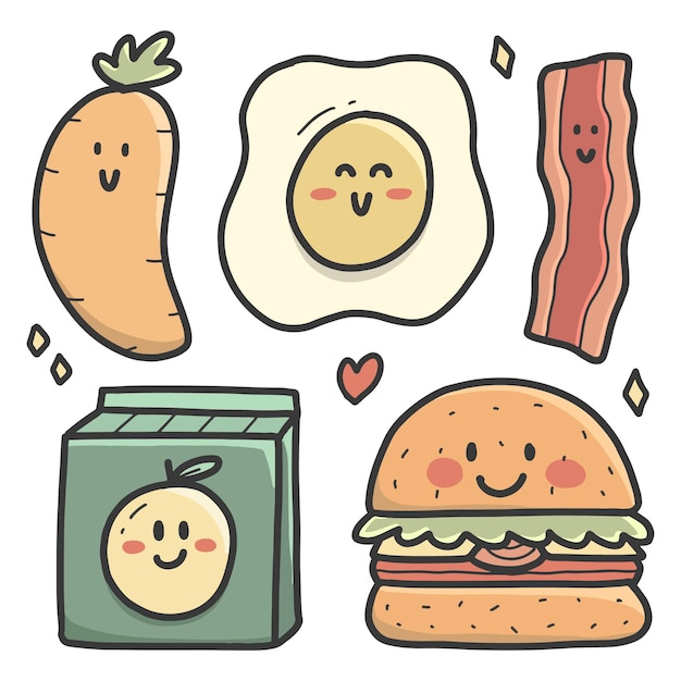 Vetor design de ilustração de desenhos animados de doodle de comida desenhada à mão