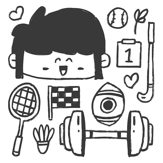 Design de ilustração de desenhos animados de doodle de esportes desenhados à mão