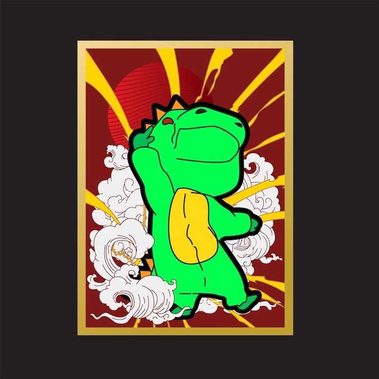 Vetor design de ilustração de dino com fundo e logotipo de estilo japonês