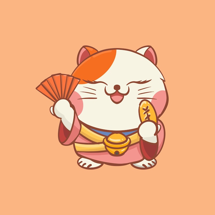 Vetor design de ilustração de gato de sorte de desenho animado desenhado à mão