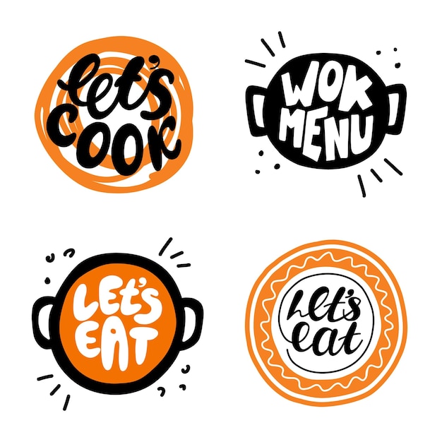 Design de ilustração de letras vamos cozinhar e comer juntos menu wok