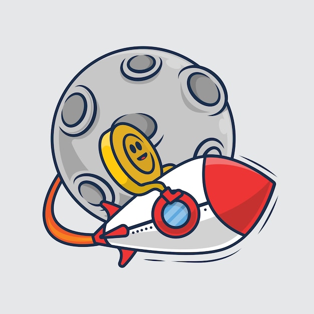 Design de ilustração de moeda criptográfica bitcoin voando para a lua em um conceito de preço de criptografia de foguete