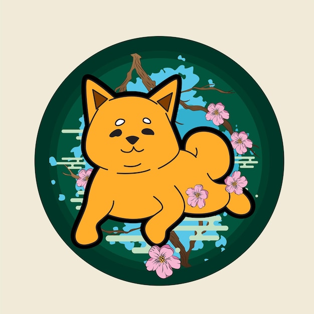 design de ilustração de shiba inu com fundo e logotipo de estilo japonês