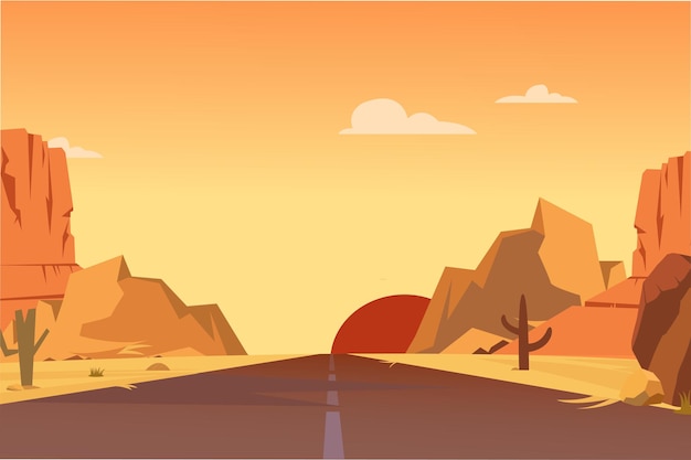 Vetor design de ilustração plana de estrada no deserto no final da tarde