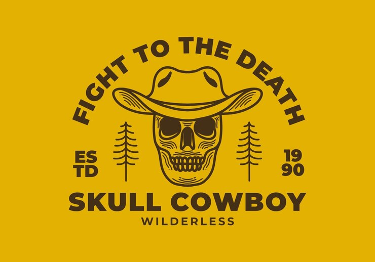 Vetor design de ilustração retrô de crânio de cowboy em fundo amarelo