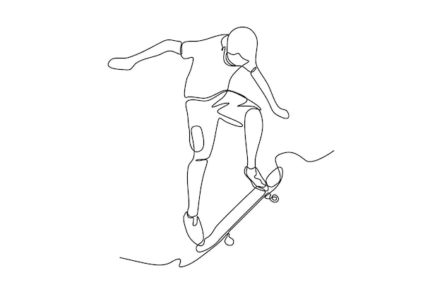 Design de ilustração vetorial de linha contínua de pessoa andando de skate estilo de salto