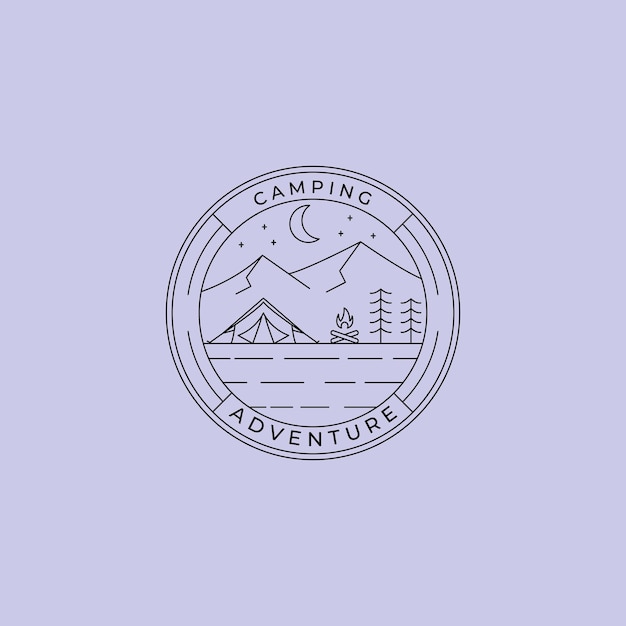 Design de ilustração vetorial de logotipo de arte de linha de barraca de acampamento design de logotipo mínimo de lua crescente e tenente à noite