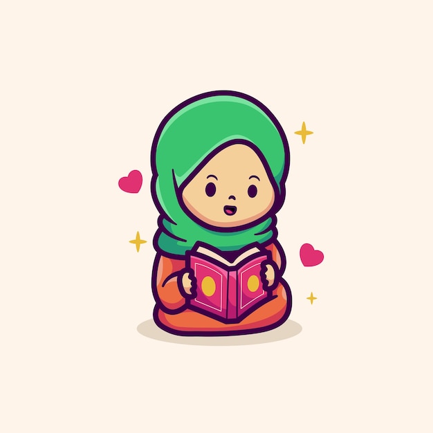 Vetor design de ilustração vetorial fofa de uma garotinha islâmica lendo o alcorão quran al quran