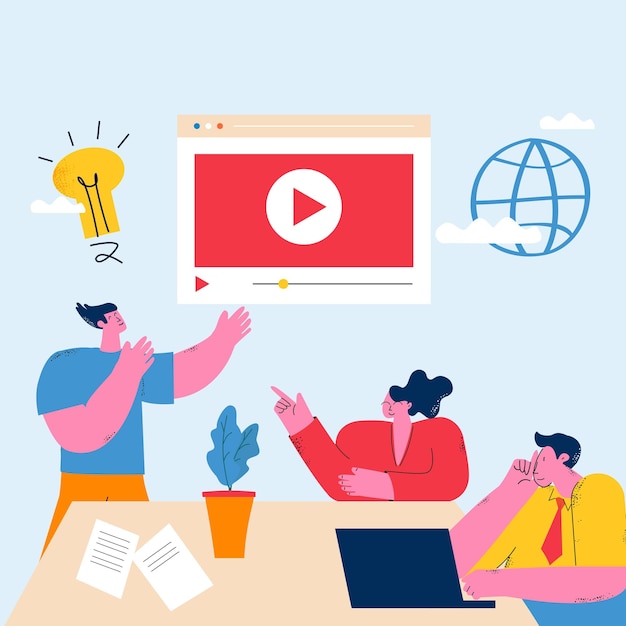 Design de ilustração vetorial plana de webinar de negócios de videoconferência de streaming de vídeo