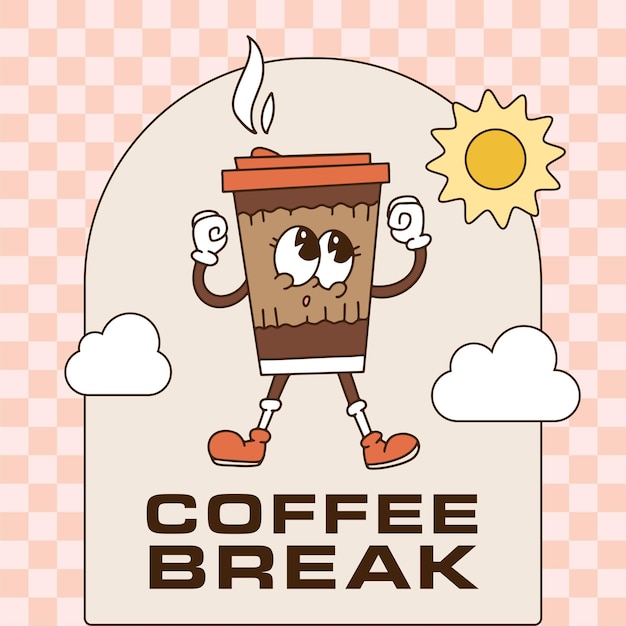 Design de impressão de café com mascote de xícara de café cheio de energia e composição de texto coffee break isola