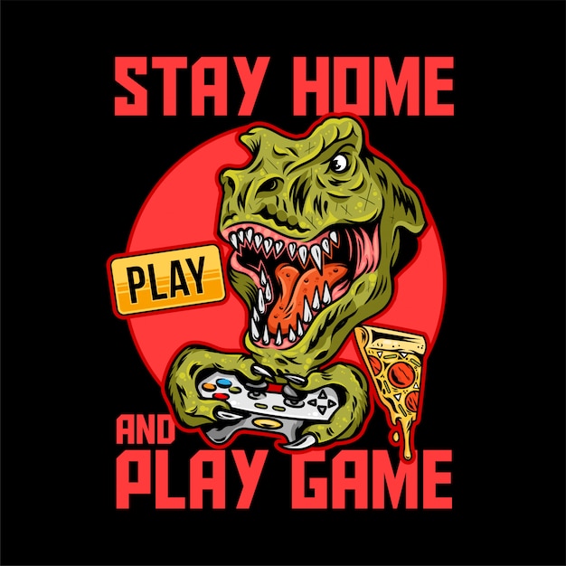 Design de impressão de roupas para gamer e geeks com dinossauro irritado t-rex que joga videogame no joystick e com mensagem de quarentena.