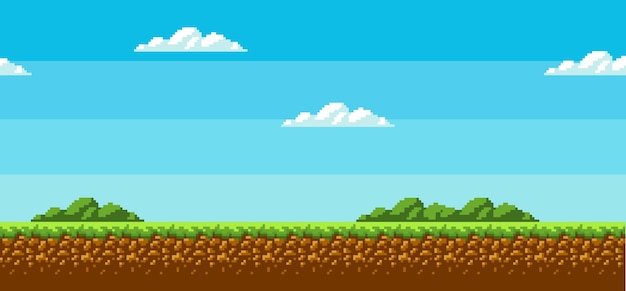 Design de interface de jogo de pixel art de fundo em design 2d céu azul nuvens brancas grama verde no