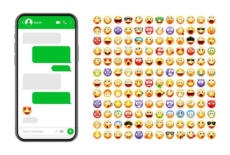 Vetor design de interface de usuário de aplicativo de mensagens de smartphone com emoji sms tela de chat de quadro de texto com verde