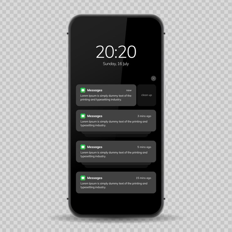 Vetor design de interface do usuário da tela de notificação modelo de janelas de notificação do telefone em um fundo escuro interface de mensagens do smartphone ilustração vetorial ilustração do vetor smartphone