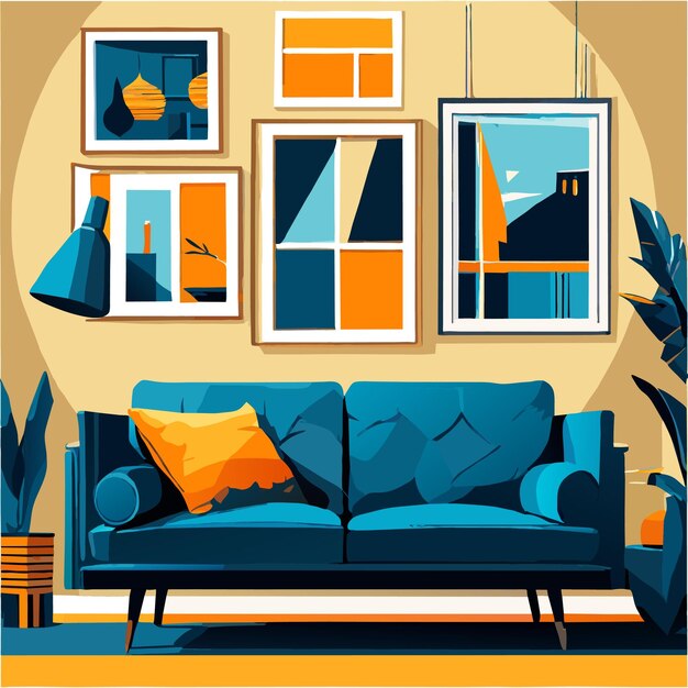 Vetor design de interiores com molduras de fotos e ilustração vetorial de sofá cinza