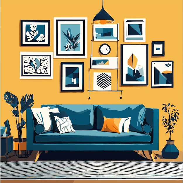 Design de interiores com molduras de fotos e ilustração vetorial de sofá cinza