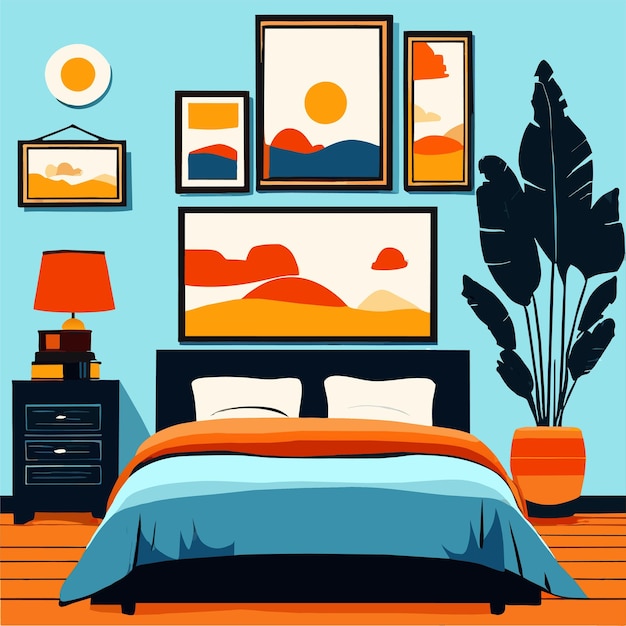 Vetor design de interiores com molduras fotográficas e cama com travesseiros ilustração vetorial