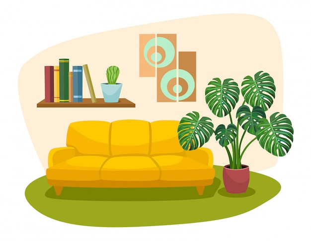 Design de interiores de sala de estar com estante de sofá e planta tropical. ilustração.