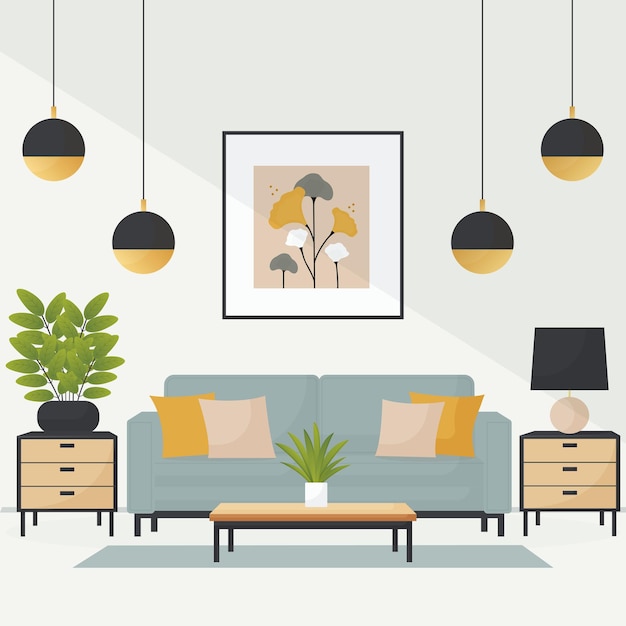 design de interiores de sala de estar minimalista ilustração vetorial plana