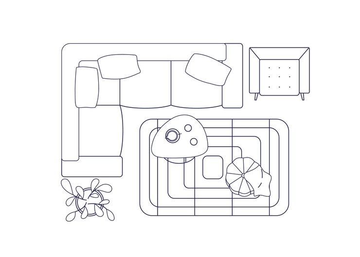 Design de interiores de sala de estar vista superior Plano de piso delineado com sofá, poltrona, móveis de salão, sofá de canto, mesa de café e tapete Ilustração vetorial plana isolada em fundo branco