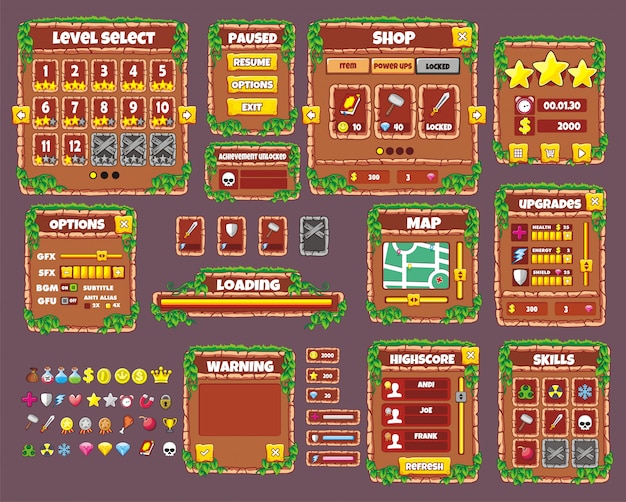 Design de jogos de interface. todas as telas que você precisa para o seu jogo