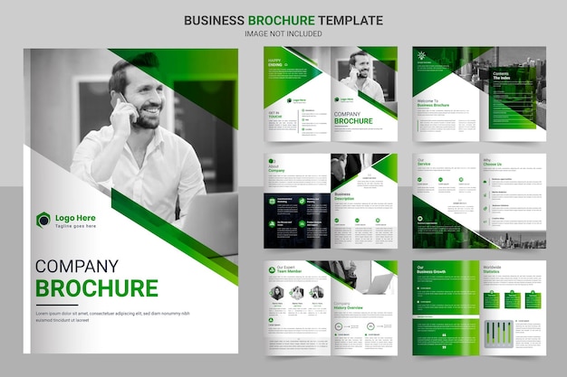 Design de layout de modelo de brochura de negócios design de modelo de brochura verde de 12 páginas para negócios mínimos