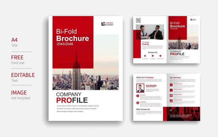 Design de layout de modelo de folheto bi-dobra vermelho moderno