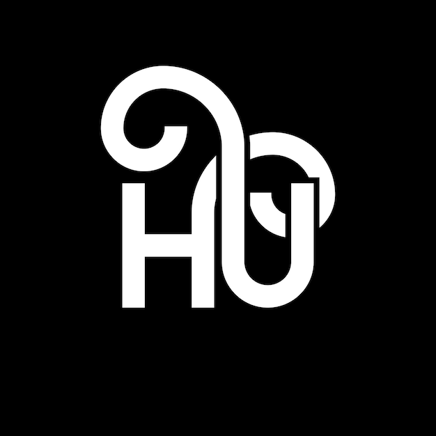Vetor design de letra hu logotipo em fundo preto hu iniciais criativas conceito de letra logotipo hu design de letra h u design de letra branca em fundo preto logotipo h u h u