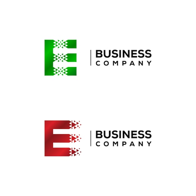 Design de logotipo abstrato letra e com seta de triângulos avançando para empresa de logística financeira