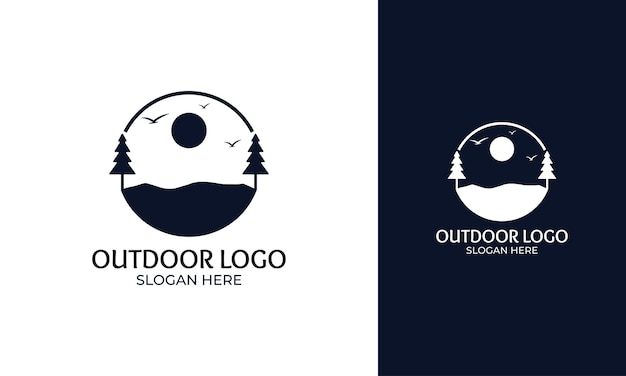 Design de logotipo ao ar livre com conceito de floresta e colina