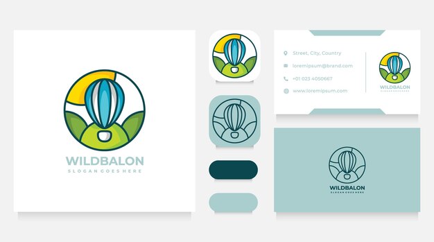 Design de logotipo colorido de balão de ar ao ar livre e modelo de cartão de visita