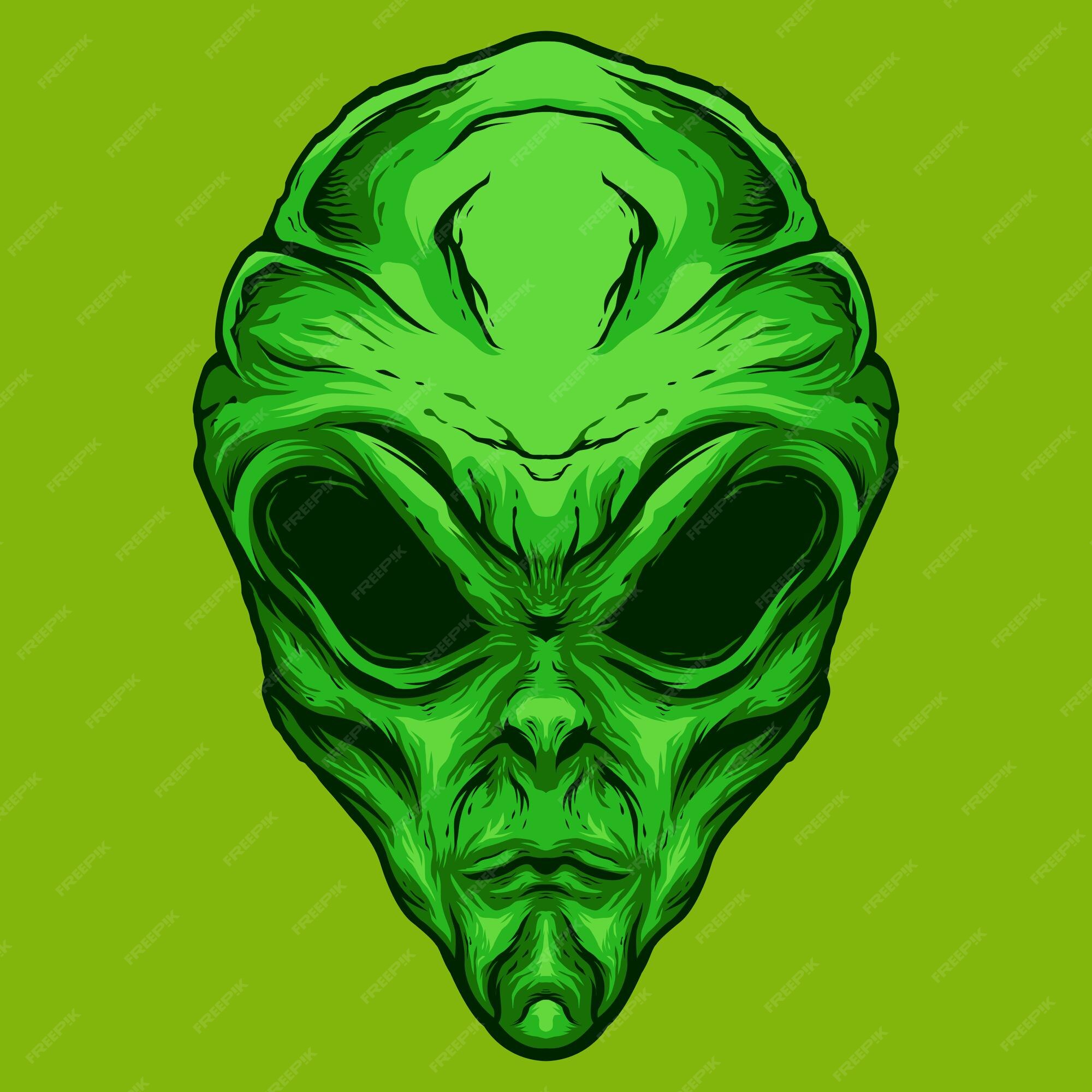 Cabeça De Aliens Dos Desenhos Animados Verdes Isolada. Ilustração