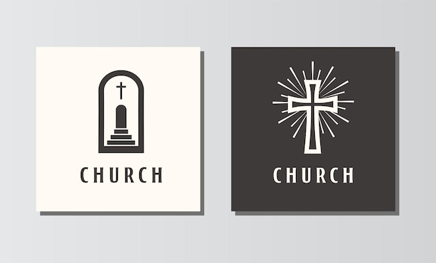 Design de logotipo cristão da igreja cruz católica e ilustração vetorial sunburst