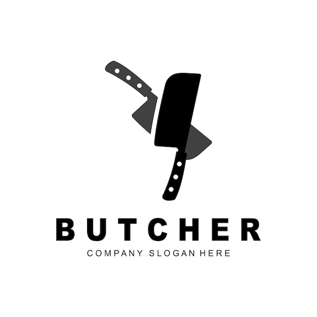 Vetor design de logotipo de açougueiro modelo de vetor de ferramenta de corte de faca projeto de ilustração de marca de produto para fazenda de açougueiro açougue