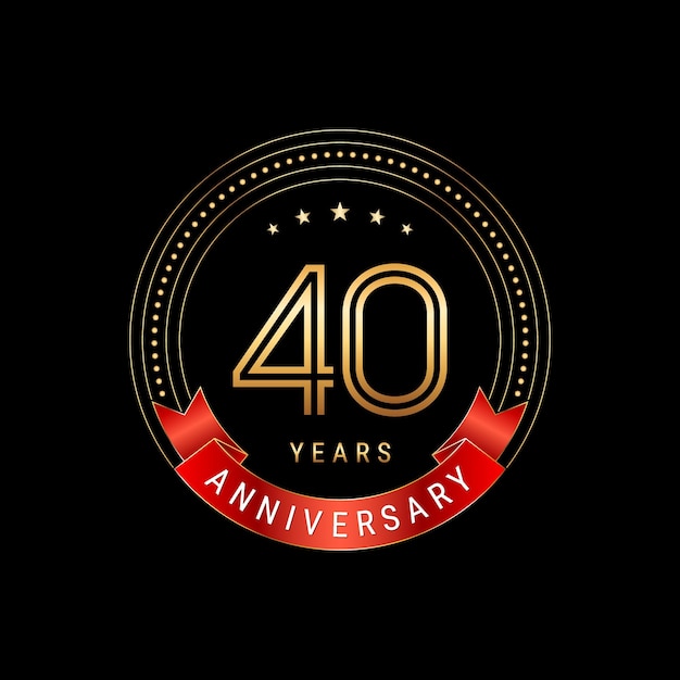 Vetor design de logotipo de aniversário de 40 anos com número dourado e fita vermelha modelo de vetor de logotipo