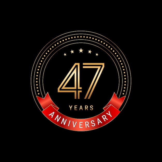 Vetor design de logotipo de aniversário de 47 anos com número dourado e fita vermelha modelo de vetor de logotipo