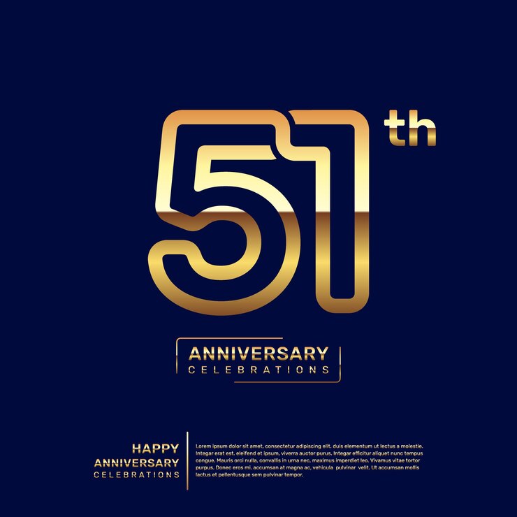 Vetor design de logotipo de aniversário de 51 anos com conceito de linha dupla na cor dourada