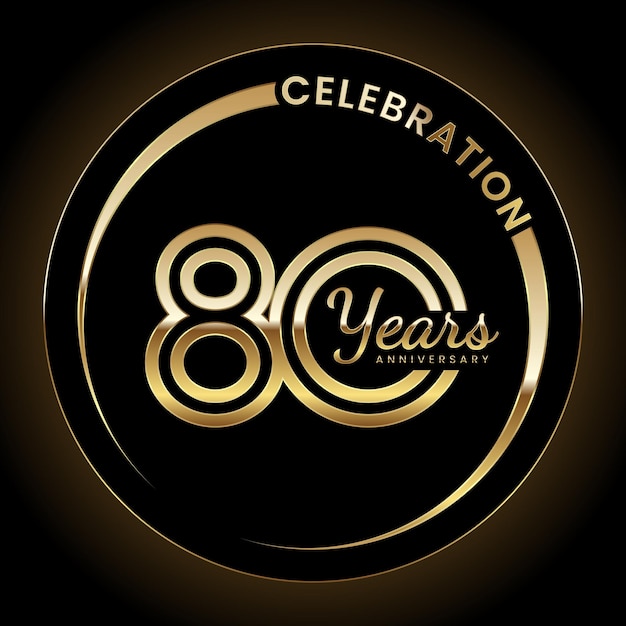 design de logotipo de aniversário de 80 anos com estilo de linha dupla e anel de cor dourada Modelo de vetor